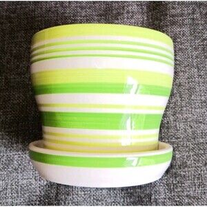 Planter 5 Inch Ceramic Green White Stripe Over And Back Attached Water Catchment